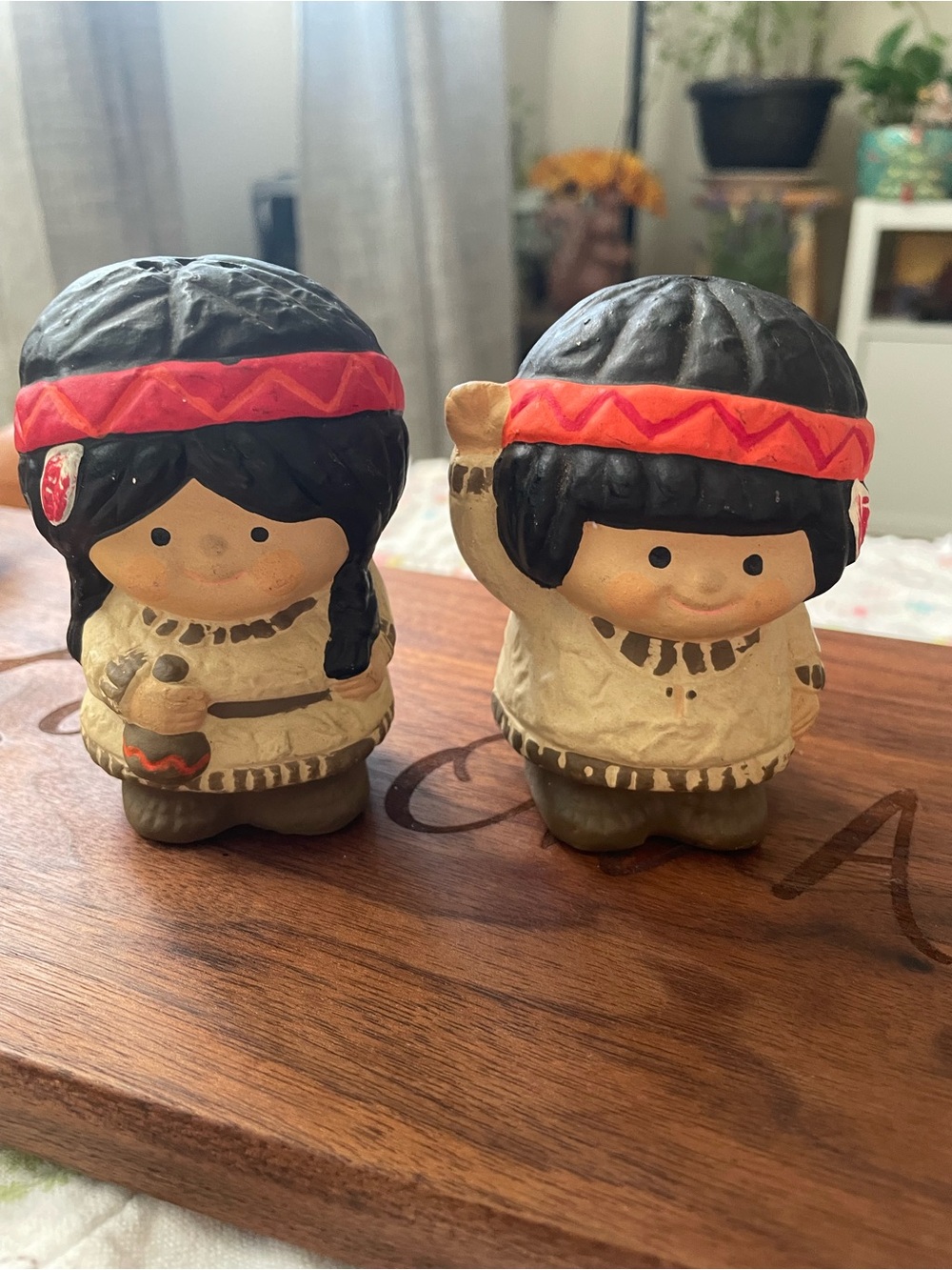 Vintage Cream and Black Resin Native Children Salt and Pepper shaker